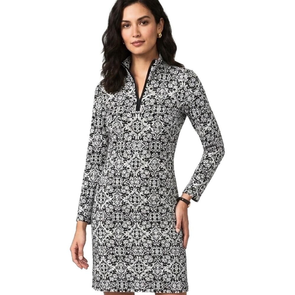 J. McLaughlin Bedford Dress XS Zip Mock Neck Long Sleeve Black & White Catalina
